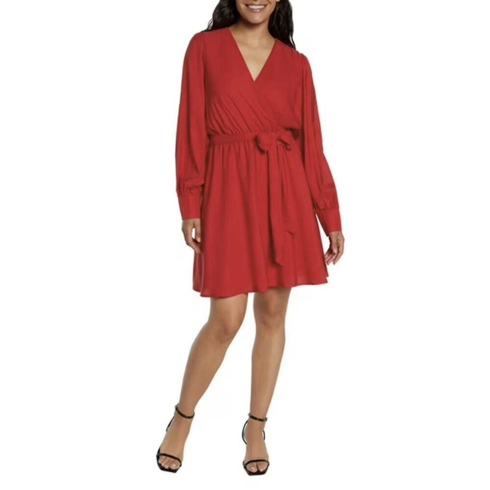 NWT Express Red Wrap Mini Dress Long Sleeve V-Neck Sz L Holiday Evening
